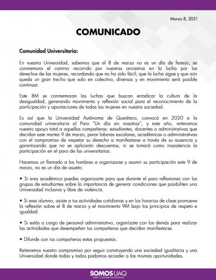 Otra vez, UAQ se suma al paro nacional "Un día sin nosotras"