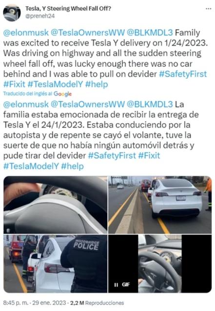 Volante de Tesla se desprende mientras conductor viajaba con familia en autopista de EUA