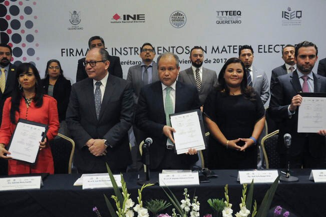 En el convenio participaron la Fiscalía General del Estado, el Instituto Electoral del Estado de Querétaro (IEEQ), el Instituto Nacional Electoral (INE), y el Tribunal Electoral del Estado de Querétaro (TEEQ). (ESPECIAL)