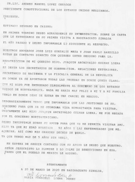 Presidencia difunde nueva carta de la mamá de "El Chapo" a AMLO