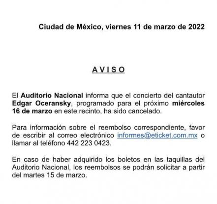 Cancelan concierto de Edgar Oceransky en el Auditorio Nacional 