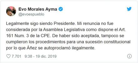 Sigo siendo presidente de Bolivia, dice Evo Morales por orden de arresto
