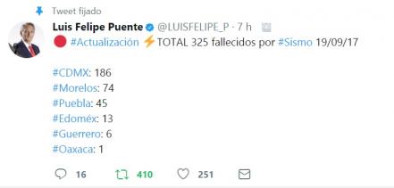 Suman 325 fallecidos por 19-S