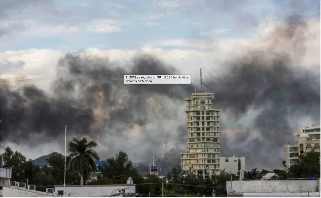 Fotografía del 17 de octubre de 2019 que muestra columnas de humo que salen de autos incendiados en la ciudad de Culiacán. (AP Foto/Héctor Parra)