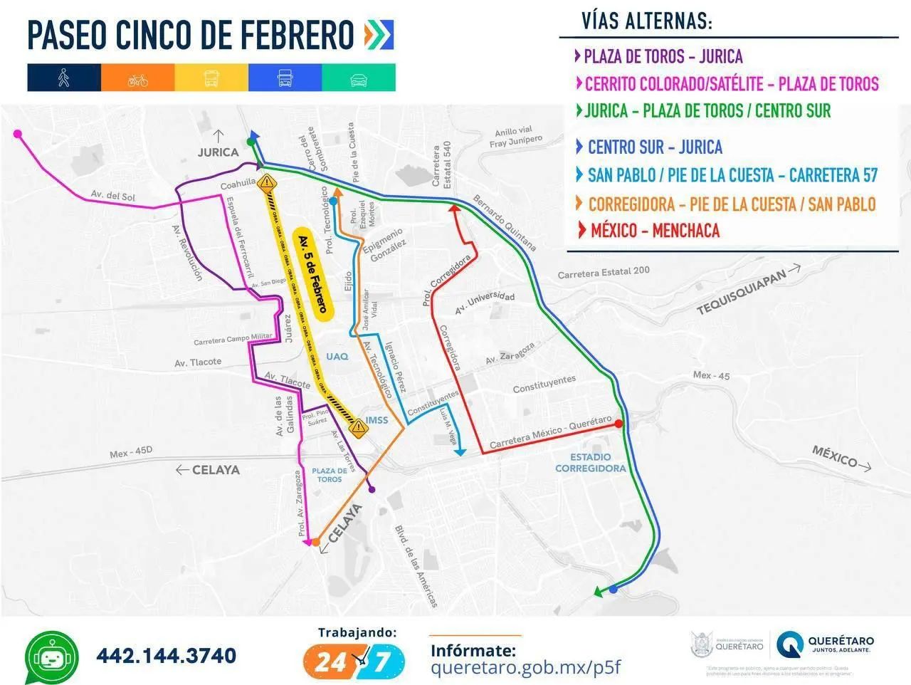 Hay siete rutas alternas para evitar el paso por las obras en Avenida 5 de Febrero