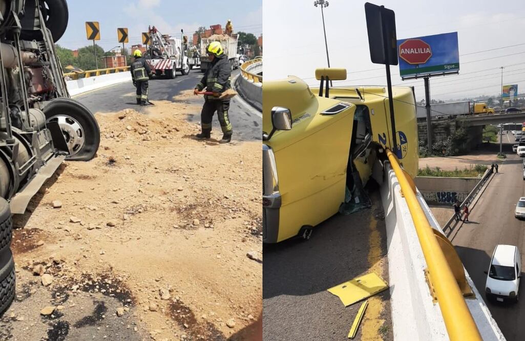 Tráiler a punto de caer de puente tras volcadura en autopista México- Querétaro. Foto: Especial