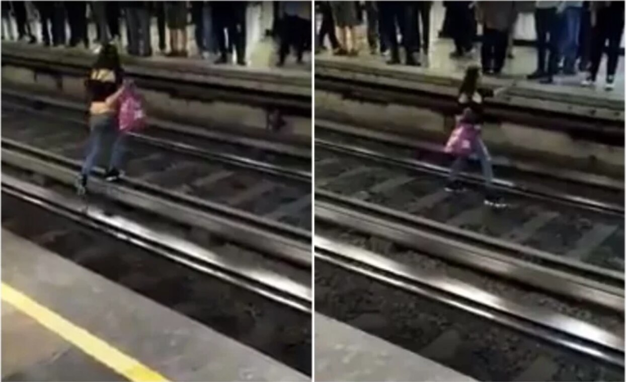 Mujer en aparente estado de ebriedad cruza las vías del Metro Tacuba