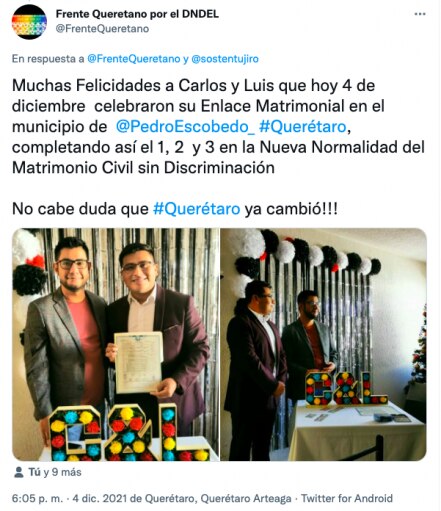 Carlos y Luis se casan en Pedro Escobedo, tras reforma al Código Civil en Querétaro