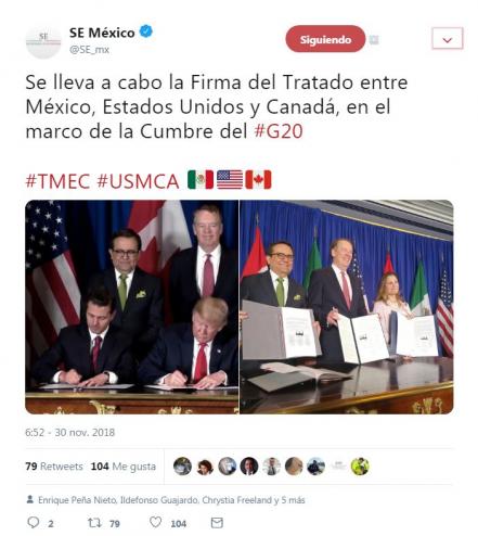 México, Estados Unidos y Canadá firman T-MEC, en el marco del G-20