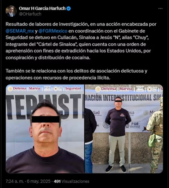 "Chuy" es integrante del Cártel de Sinaloa y fue detenido en Culiacán. Foto: tomada de X @OHarfuch