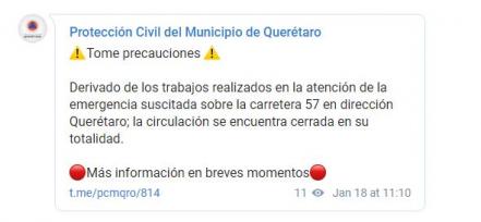 #Avance| Por accidente, cierran la carretera 57, en dirección a Querétaro 