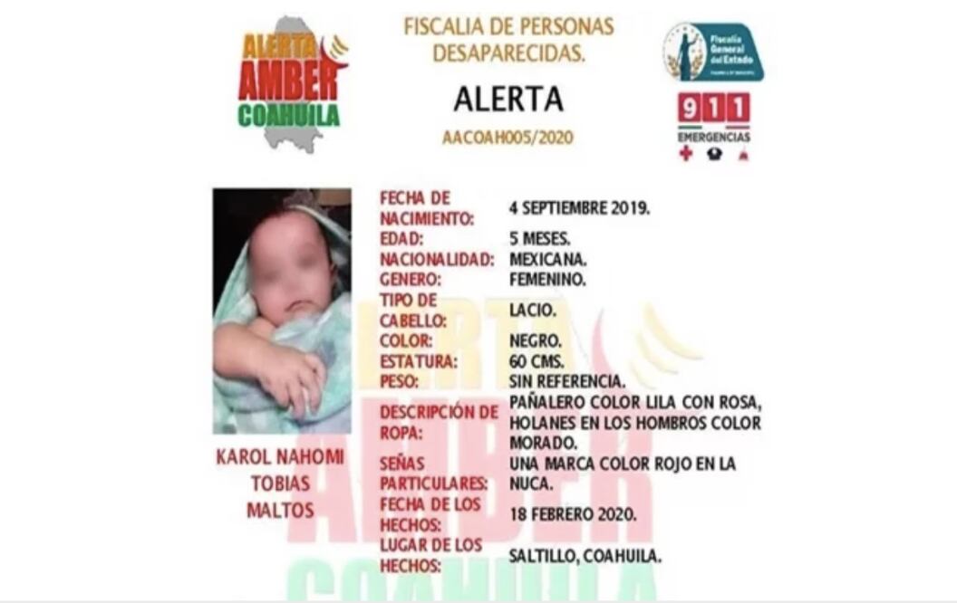 Encuentran muerta a bebé de 5 meses reportada como robada en Coahuila