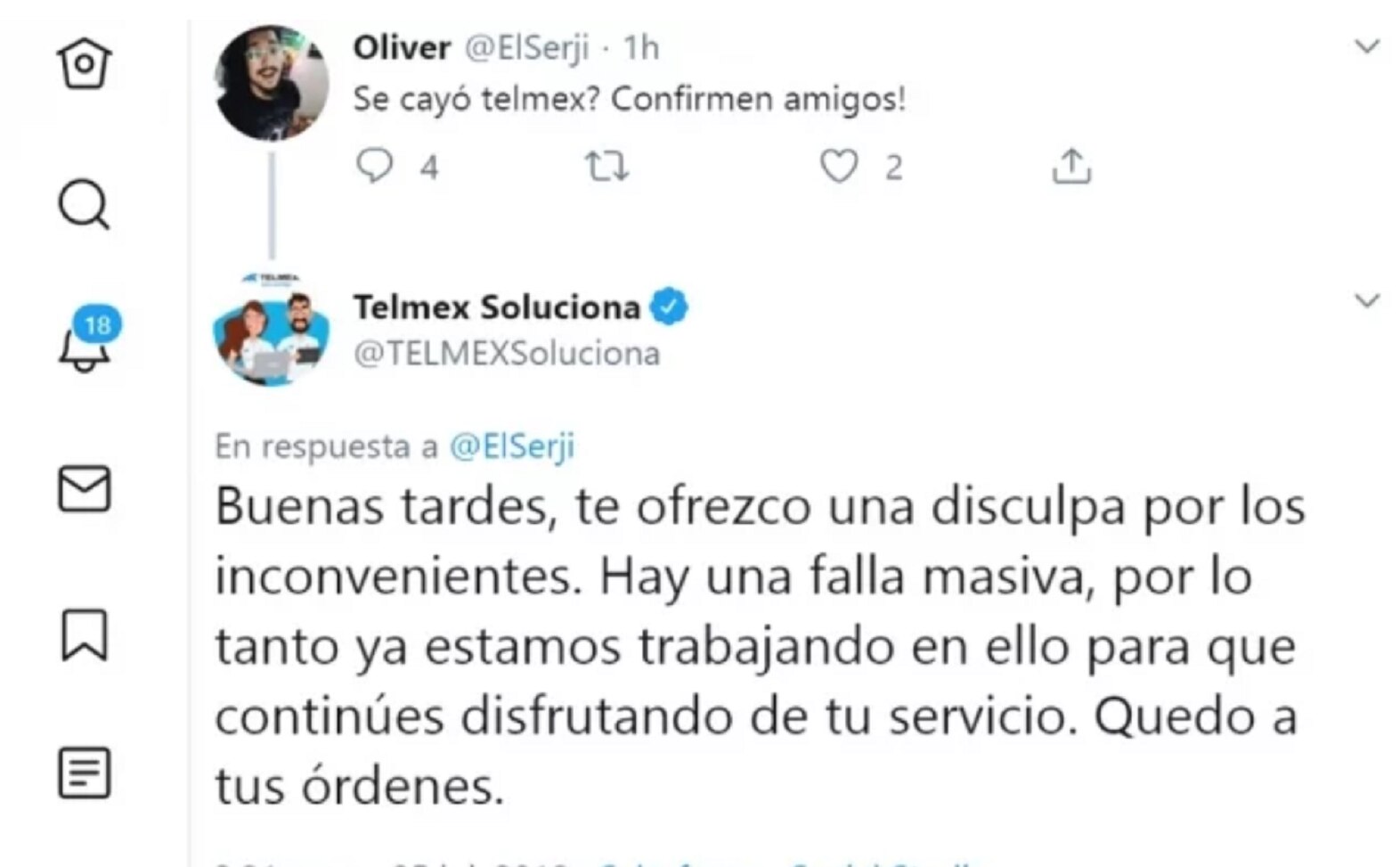 Reporta Telmex falla "masiva" en servicio de internet