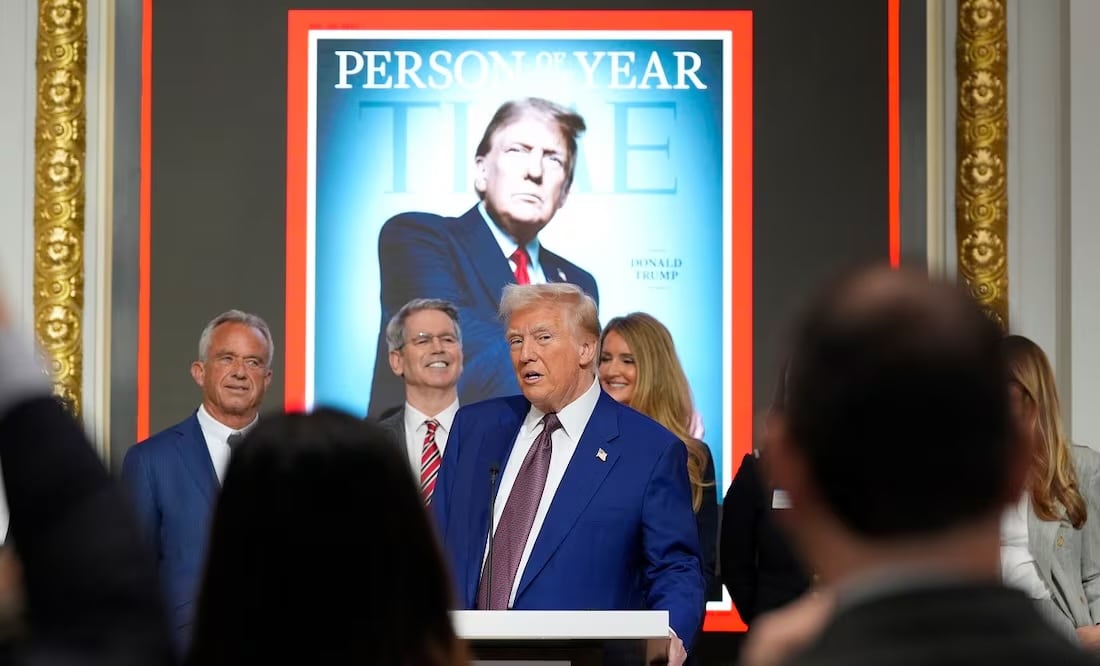 El próximo presidente Donald Trump habla durante un evento de Persona del Año de la revista Time en la Bolsa de Valores de Nueva York, el jueves 12 de diciembre de 2024, en Nueva York. Foto: AP