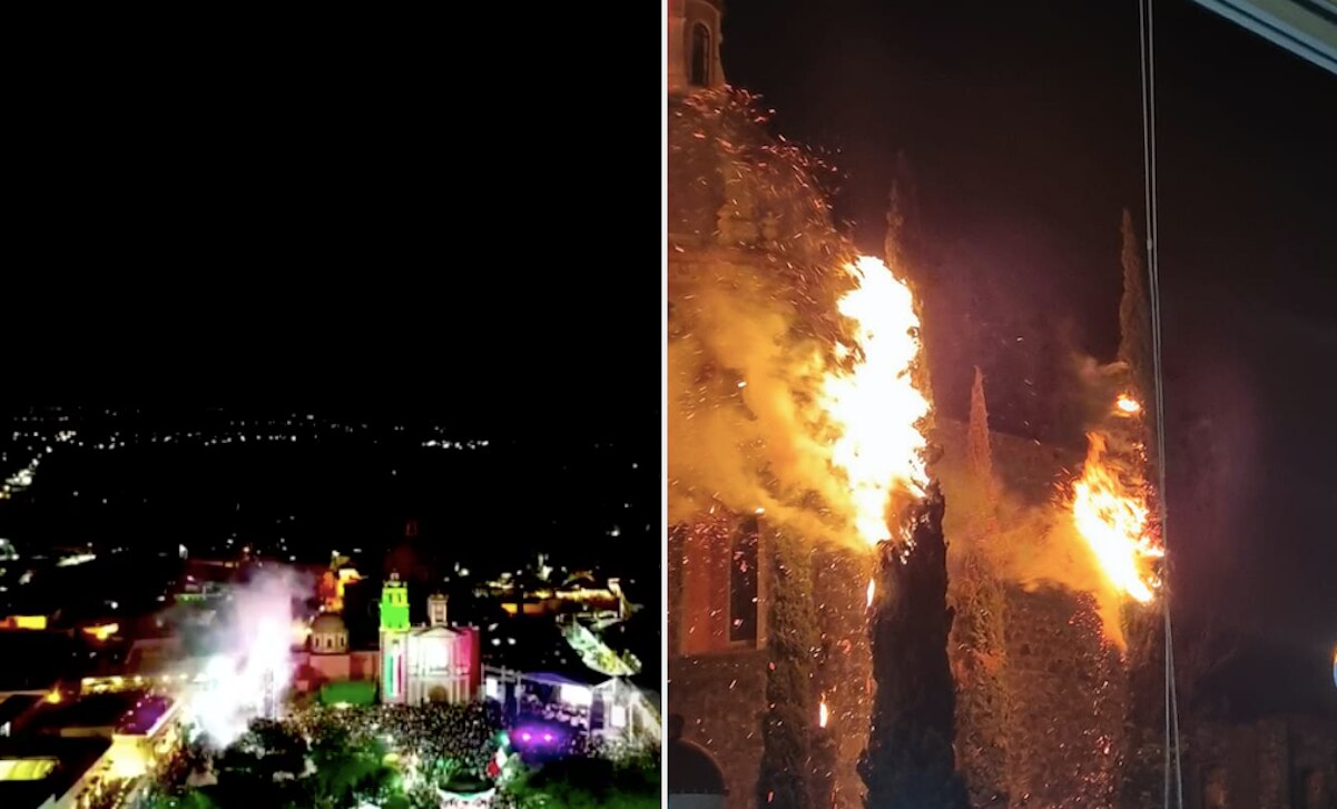 Se quema un árbol en pleno Grito de Independencia en Tequisquiapan