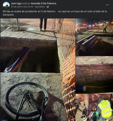 Ciclista se accidenta al caer en una coladera de las obras de 5 de Febrero 