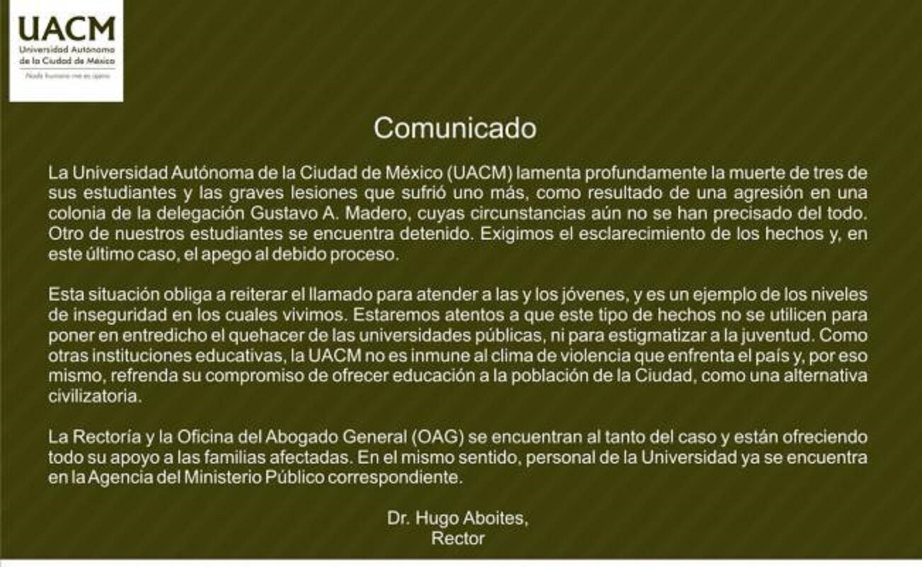 Matan a tres estudiantes de la Universidad Autónoma de la Ciudad de México