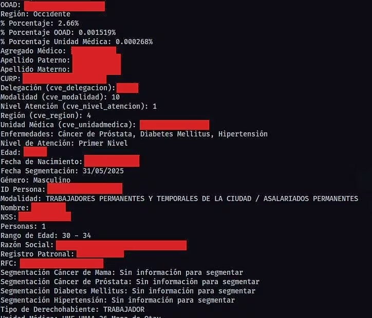 Investigadores de amenazas confirmaron que la información robada coincide con los registros del IMSS, a través de una “prueba de vida de la base” solicitada a los hackers. Foto: Especial