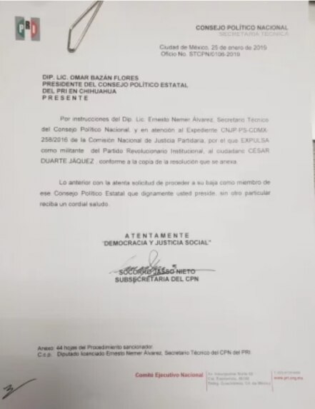 Expulsan del PRI a César Duarte, ex gobernador de Chihuahua