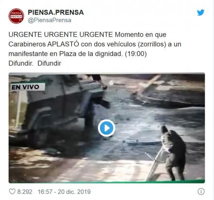 Tanqueta en Chile embiste y aplasta a manifestante; video se hace viral