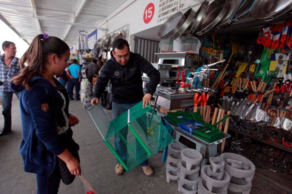 Una mujer observa una jaula para poder adquirirla, el comercio redondo en algunos mercados del estado continúa. La gente adquiere los animales, alimentos y instrumentos de limpieza o cuidado en la misma zona del mercado. (CESAR GÓMEZ. EL UNIVERSAL)