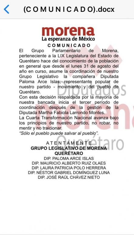 Destituyen a Fabiola Larrondo de la Coordinación de Morena, en el Congreso de Querétaro