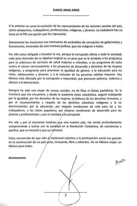 #Avance Eunice Arias renunció al PRI