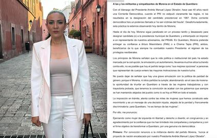 Paloma Arce renuncia a Morena; esperaba ser candidata a la alcaldía de Querétaro