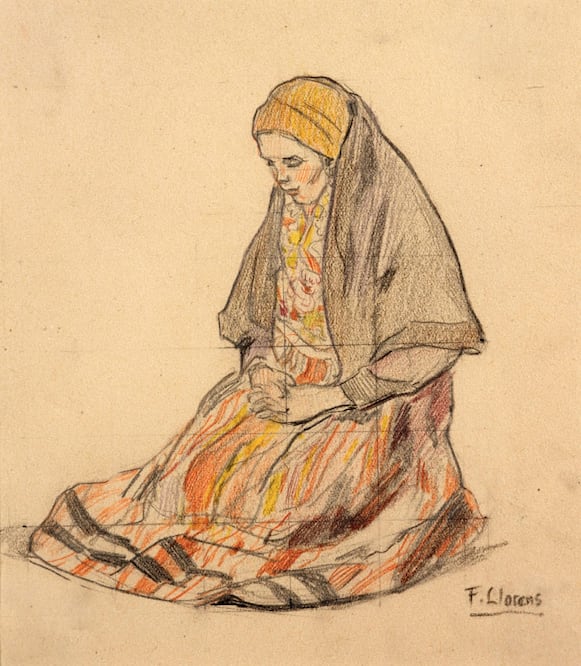 Autor: Francisco Llorens. cortesía de: http://coleccion.abanca.com/es/Coleccion-de-arte/Obras/ci.Campesina-gallega-rezando.formato7.html