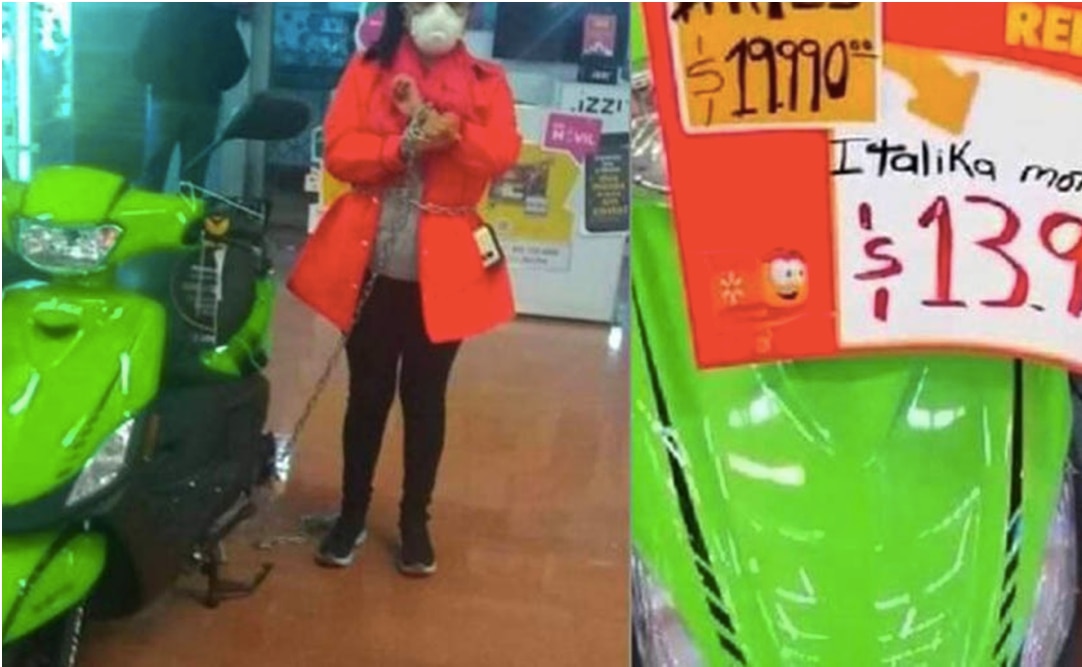 Mujer se encadena a motocicleta tras error de etiquetado; pide se la vendan en 14 pesos