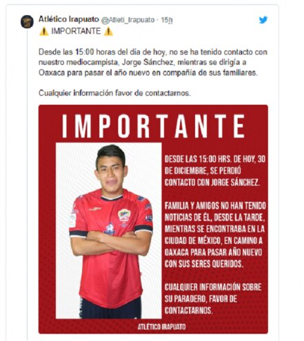 Irapuato reporta a jugador como desaparecido