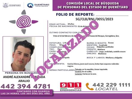 Localizan a André Miranda; su familia lo buscó una semana en Querétaro 
