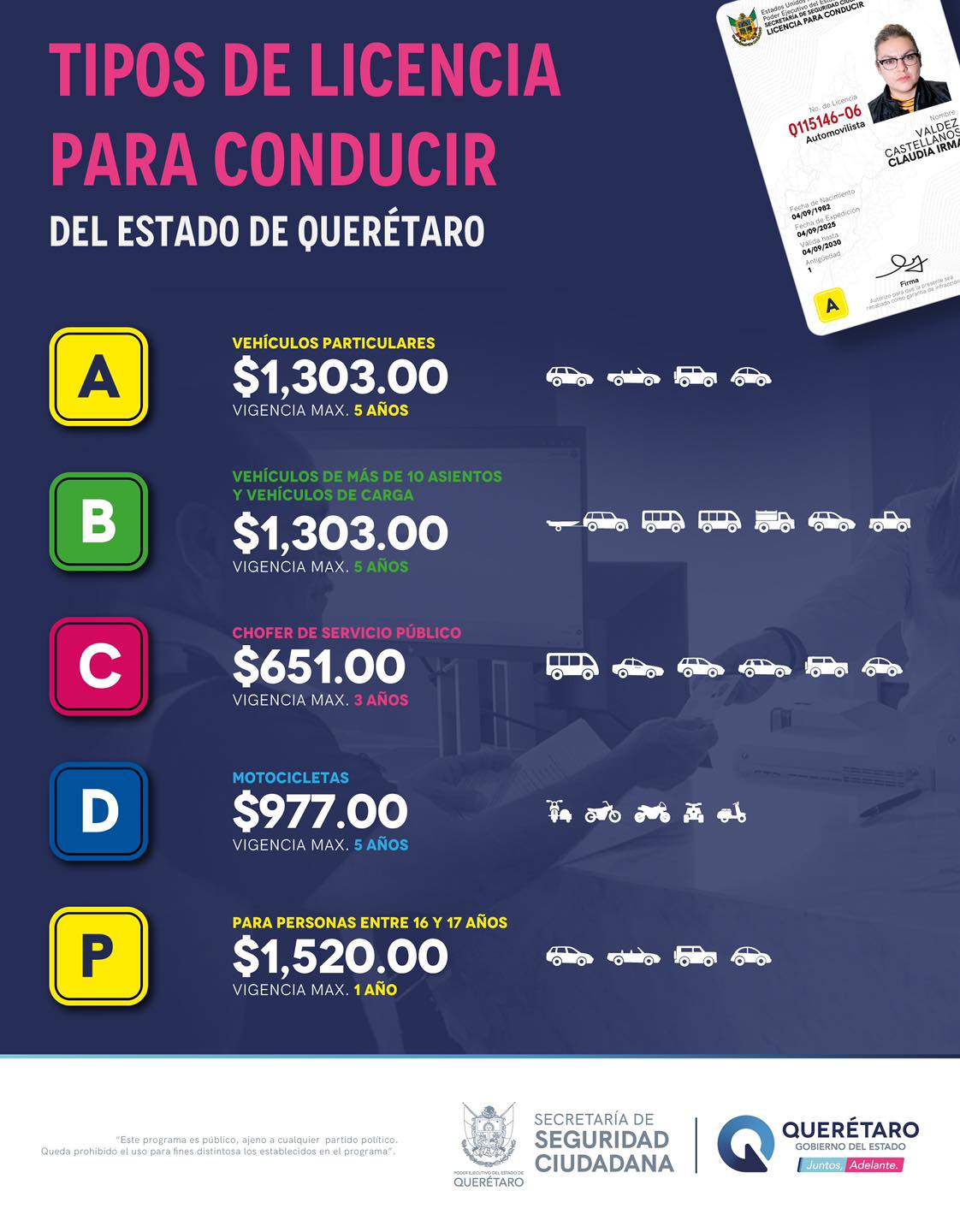 Costo de las licencias para conducir en Querétaro. Foto:  FB, Secretaría de Seguridad Ciudadana Querétaro