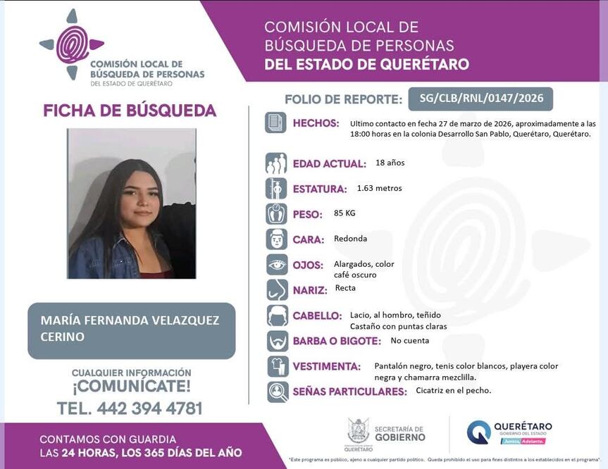 FOTO. FACEBOOK COMISIÓN LOCAL DE BÚSQUEDA DE PERSONAS DEL ESTADO DE QUERÉTARO