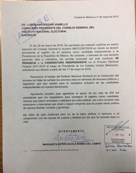 Margarita entrega al INE su renuncia como independiente