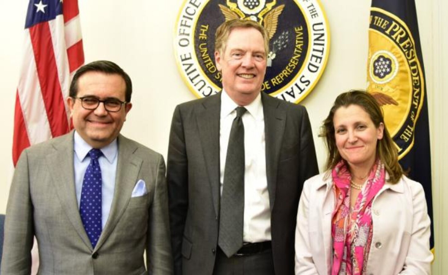 Ildefonso Guajardo, Robert Lighthizer y Chrystia Freeland. Foto: Archivo/EL Universal