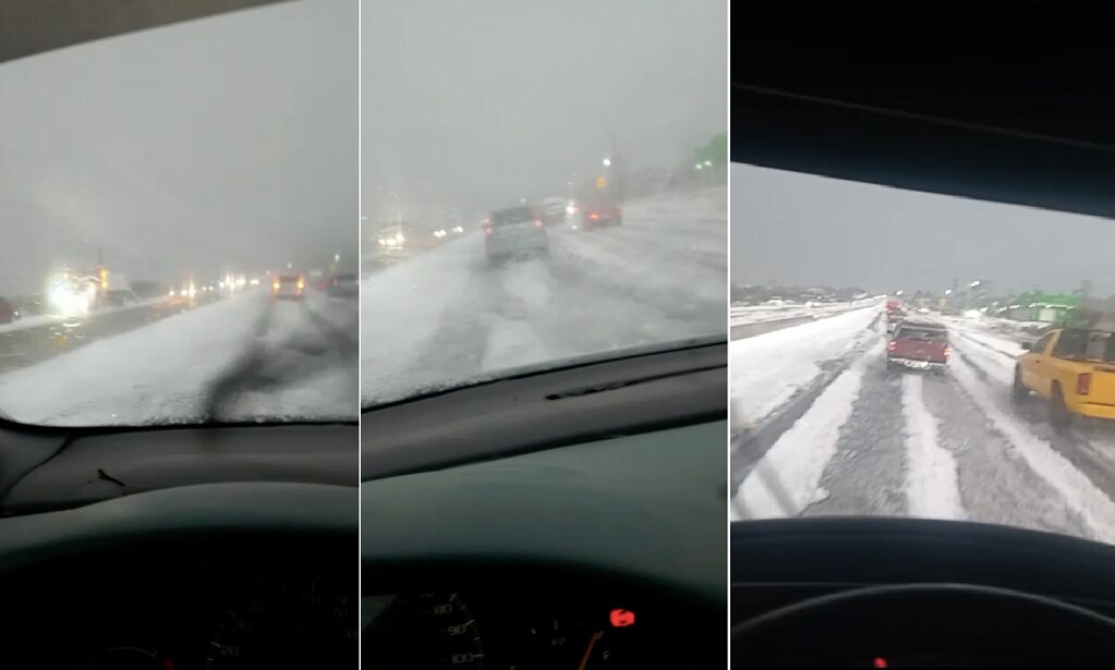 Granizo pinta de blanco la carretera al semidesierto queretano