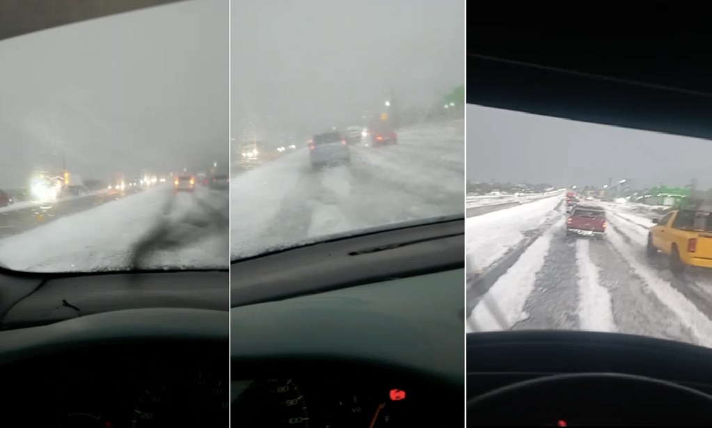 Granizo pinta de blanco la carretera al semidesierto queretano
