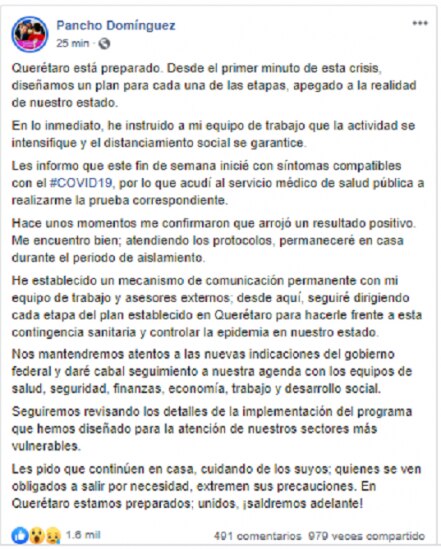 Francisco Domínguez, gobernador de Querétaro, dio positivo a Covid-19 