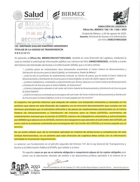 En agosto pasado, Birmex negó tener información sobre cuántas piezas de medicamentos están almacenadas actualmente en la bodega