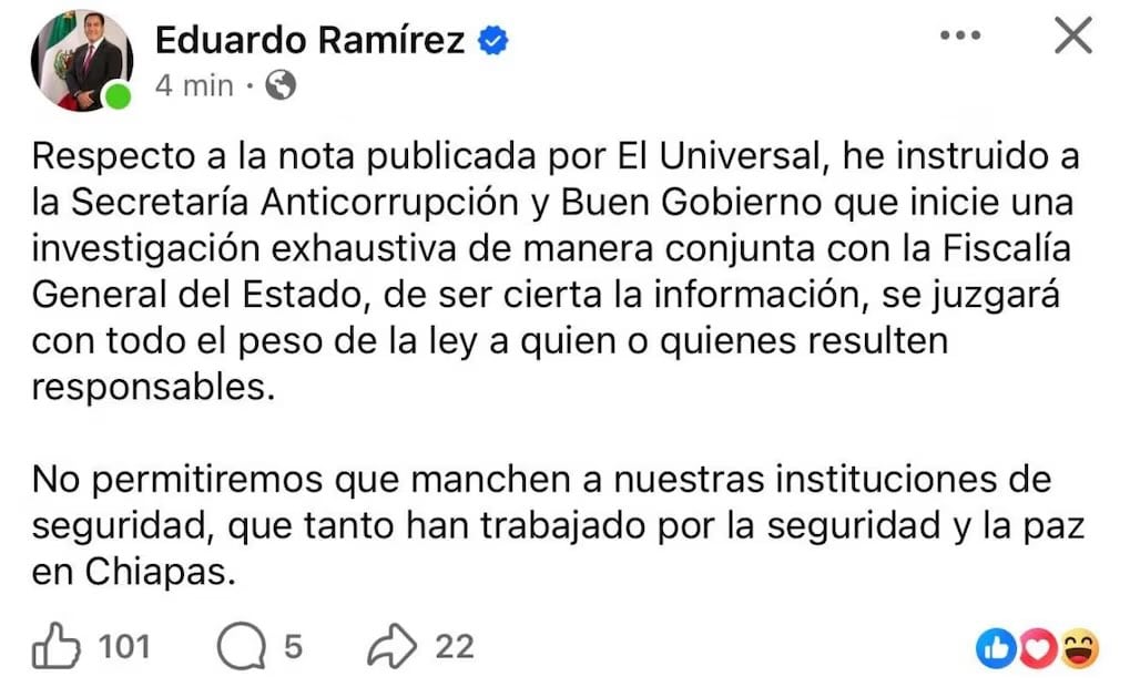 Investigaran a elementos de unidad policial de Chiapas tras presuntos pagos del CJNG (01/03/2026). Foto: Captura de pantalla
