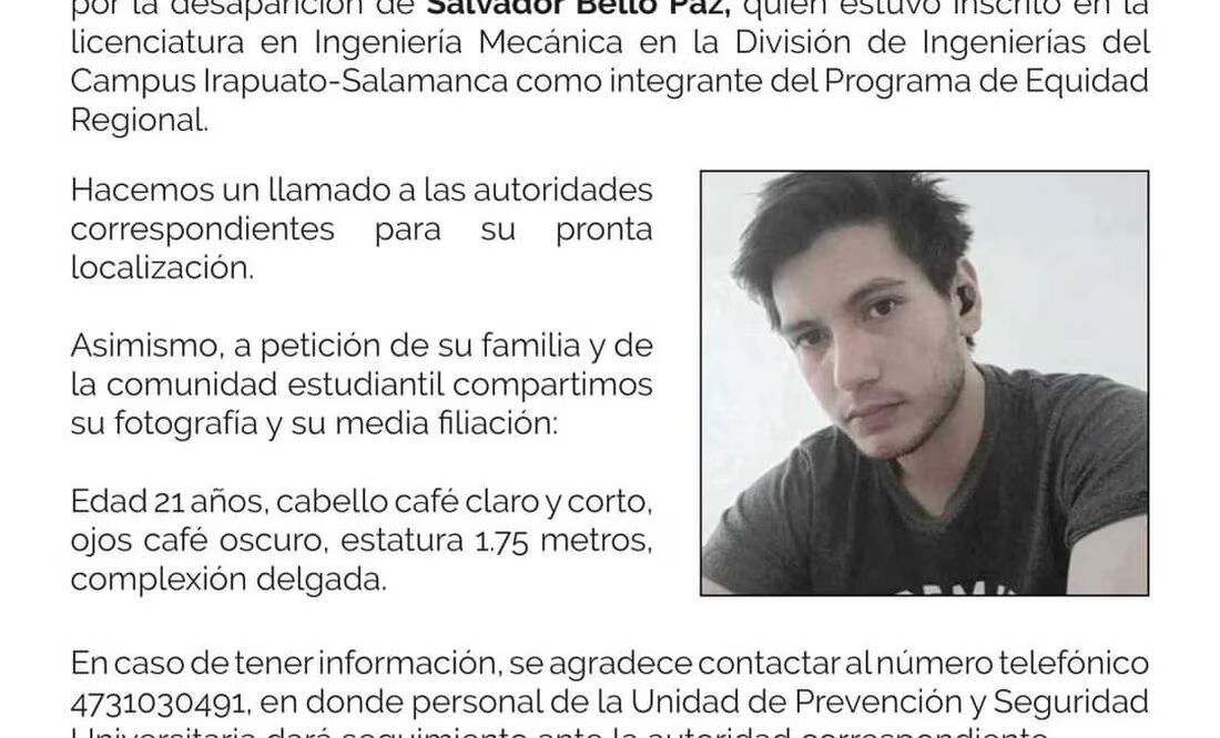 Buscan a estudiante universitario de ingeniería desaparecido en Salamanca, Guanajuato