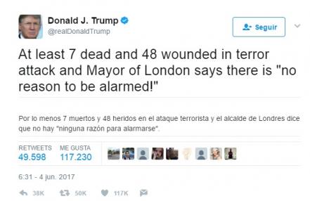 Trump critica en Twitter al alcalde de Londres tras atentado