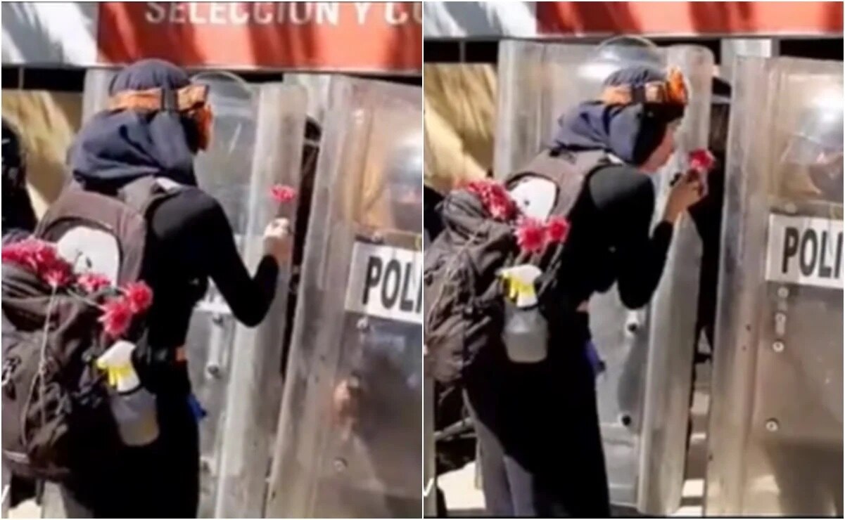 VIDEO: Con flor y beso en la mano, feminista agradece a policías en marcha del 8M; se viraliza en TikTok