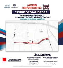 Cierran temporalmente tramo de Epigmenio González por obras en Querétaro