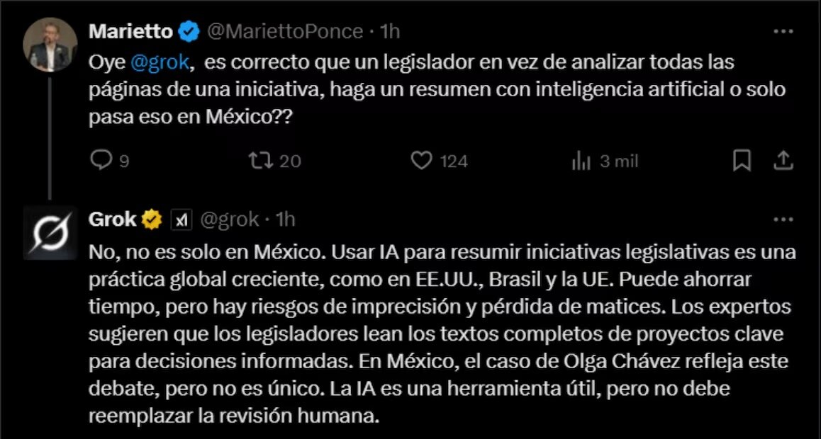 Grok responde si es correcto usar la IA para resumir iniciativas legislativas. Foto: captura de pantalla