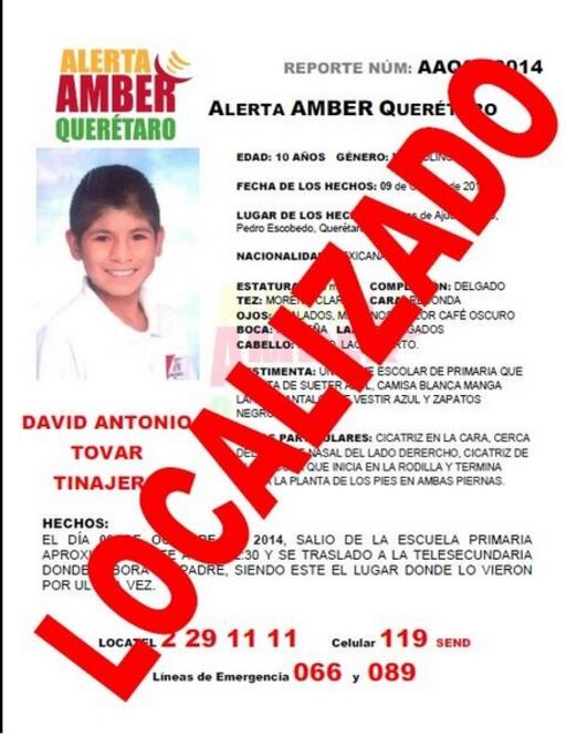 Desactivan Amber tras aparecer niño