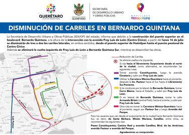 Desde este martes reducen carriles sobre Bernardo Quintana