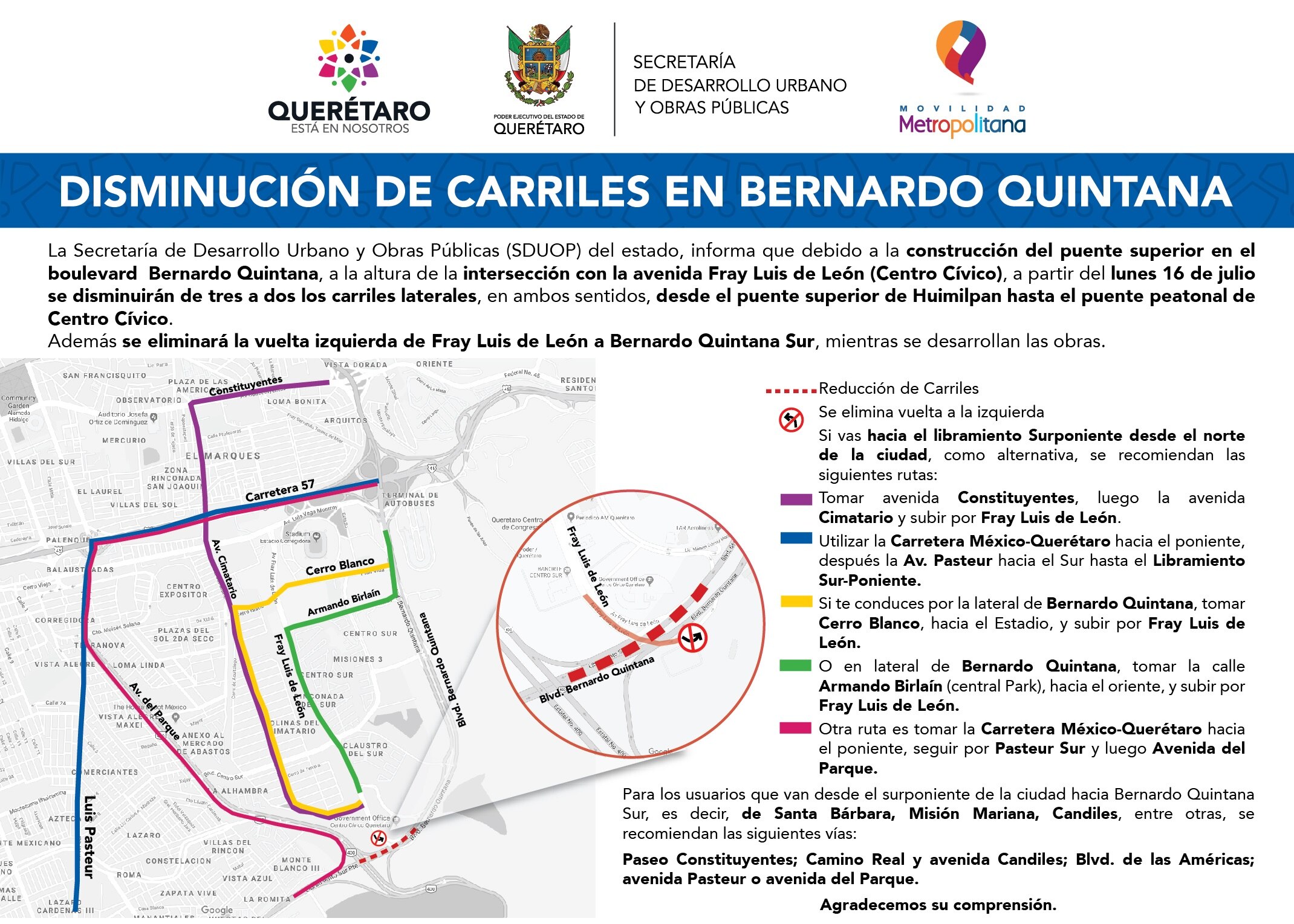 Desde este martes reducen carriles sobre Bernardo Quintana