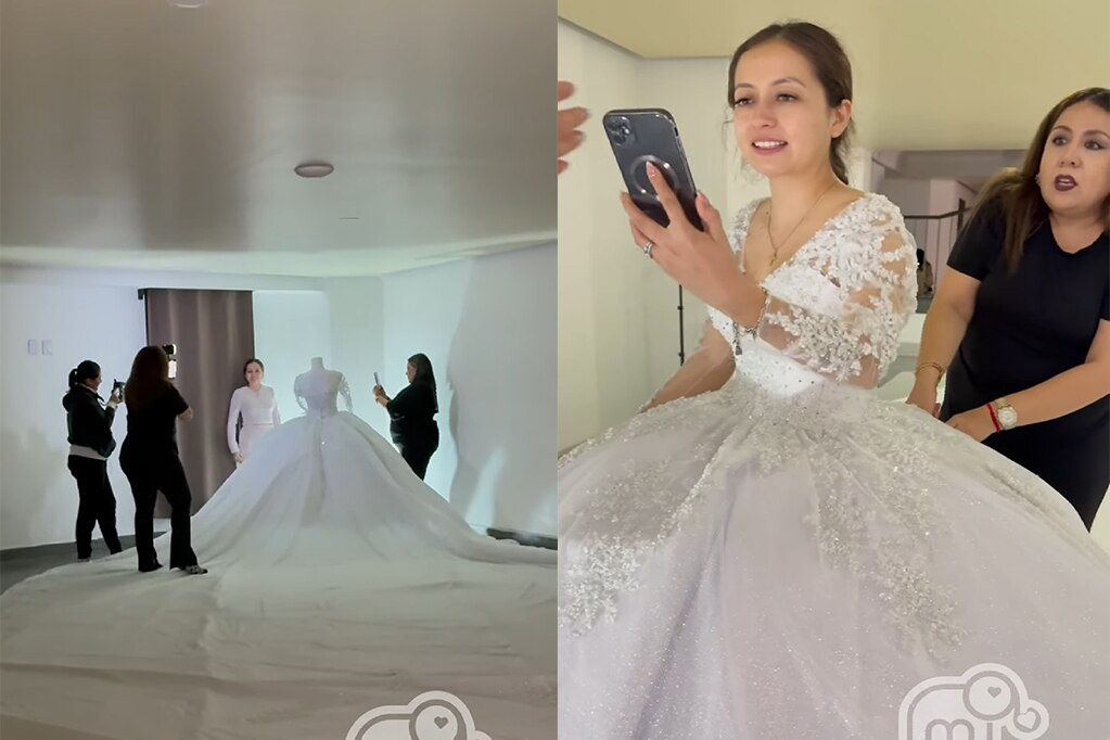 El vestido de novia corte princesa con cola infinita fue un regalo sorpresa del diseñador Tomás Benítez. Foto: Captura de pantalla